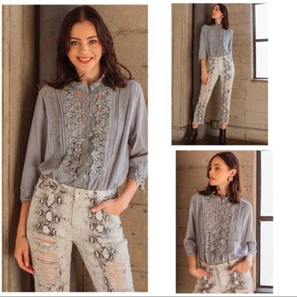 FLORAL Blouse With Eyelet Lacing In Grey - Picture 7 of 14
